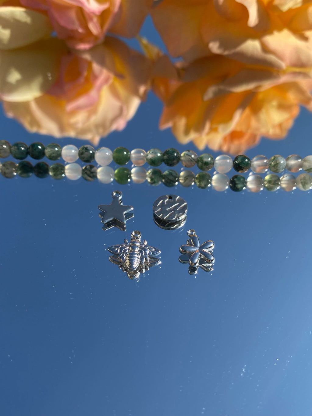 Bracelet AYLA, agate-mousse, breloques, étoile, ronde, abeille, fleur, argent