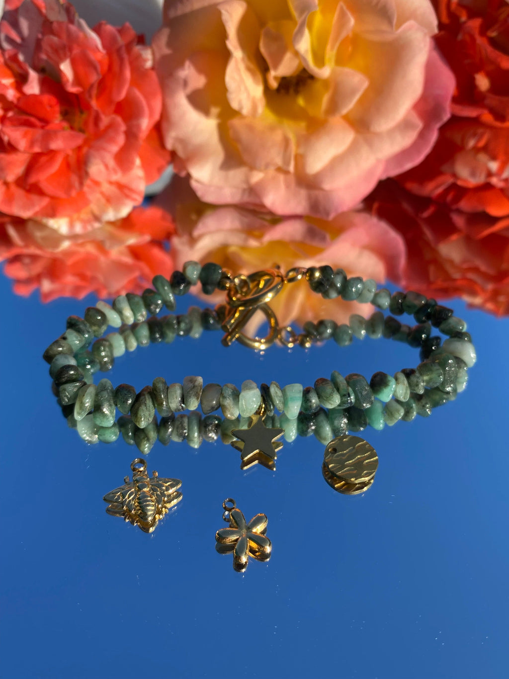 Bracelet AYLA, émeraude, breloques, étoile, abeille, fleur, ronde, doré